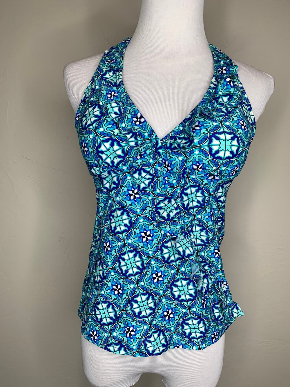 Spanx Blue Geometric Ruffle Trim Tankini Small